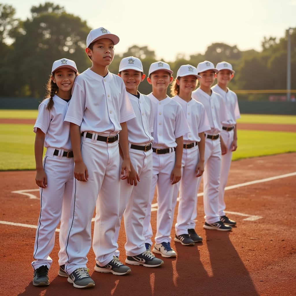 Youth baseball team lined up, white belts visible