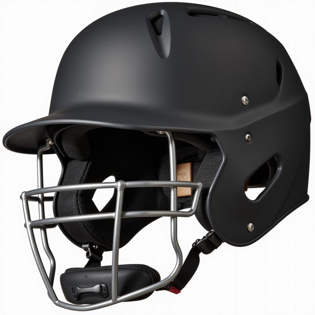 Close up of a youth softball helmet with mask, showing the details of the faceguard and shell construction.